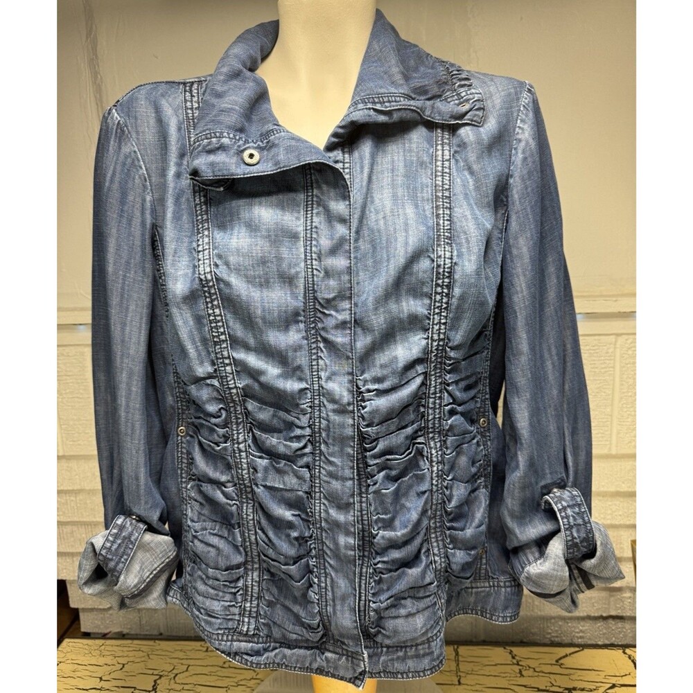 Coldwater Creek Womens Stretch Ribbed Denim Jacket Blazer Size 16 Snap Button